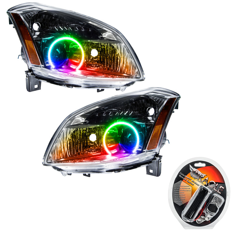 Oracle 07-08 Nissan Maxima SMD headlights with ColorSHIFT halo rings, showcasing Chrome and Black housing options.