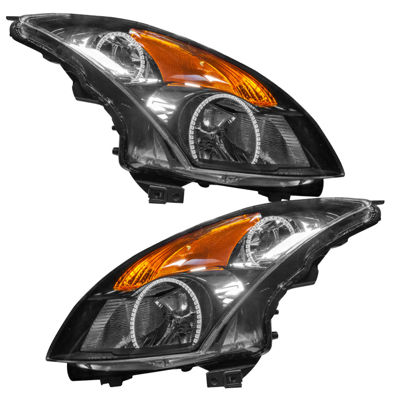 Black ORACLE Pre-Assembled Headlights for 2007-2009 Nissan Altima with ColorSHIFT technology, showcasing halo rings and sleek design.