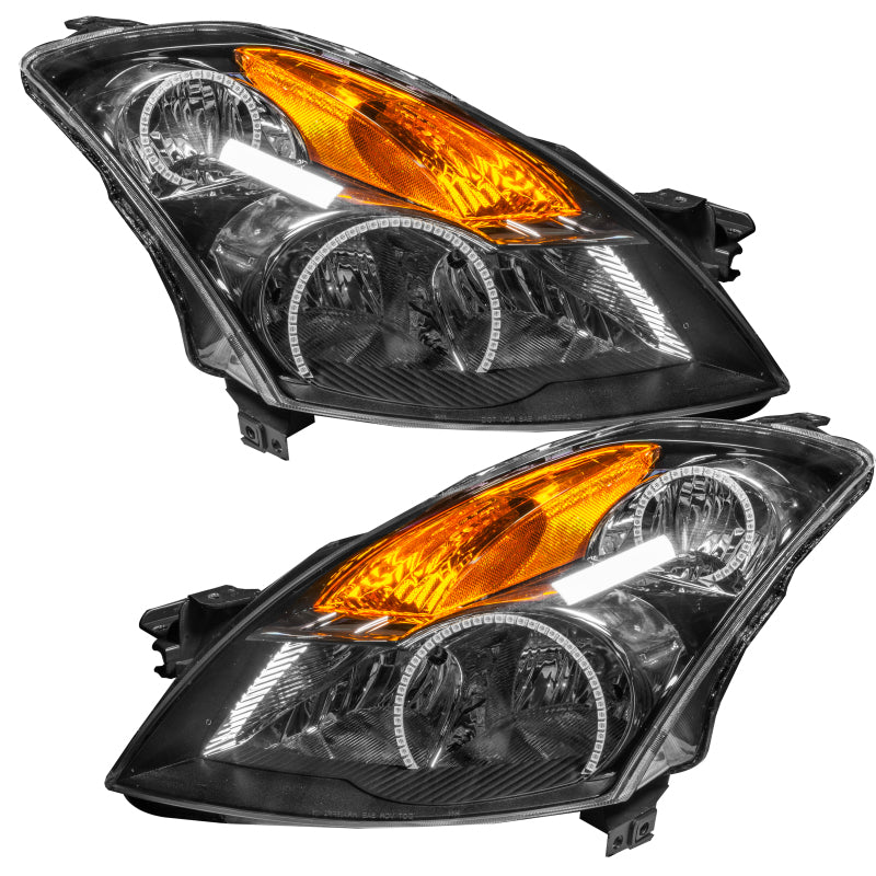 Black ORACLE Pre-Assembled Headlights for 2007-2009 Nissan Altima with ColorSHIFT technology, showcasing halo rings and sleek design.