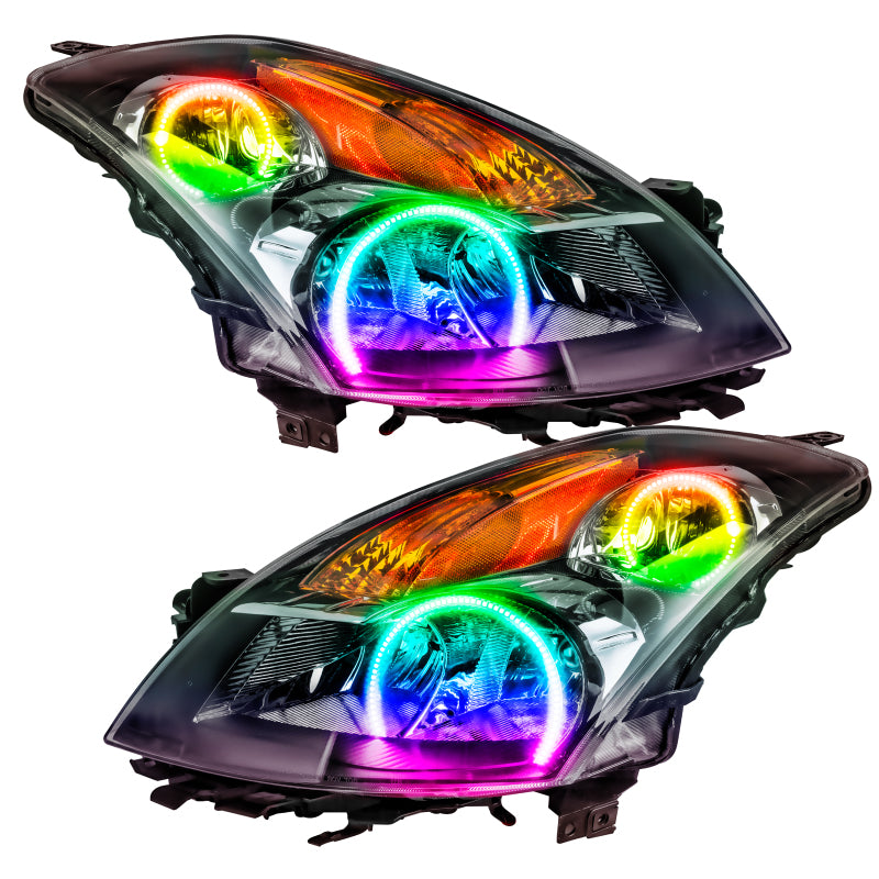 Black ORACLE Pre-Assembled Headlights for 2007-2009 Nissan Altima with ColorSHIFT technology, showcasing halo rings and sleek design.