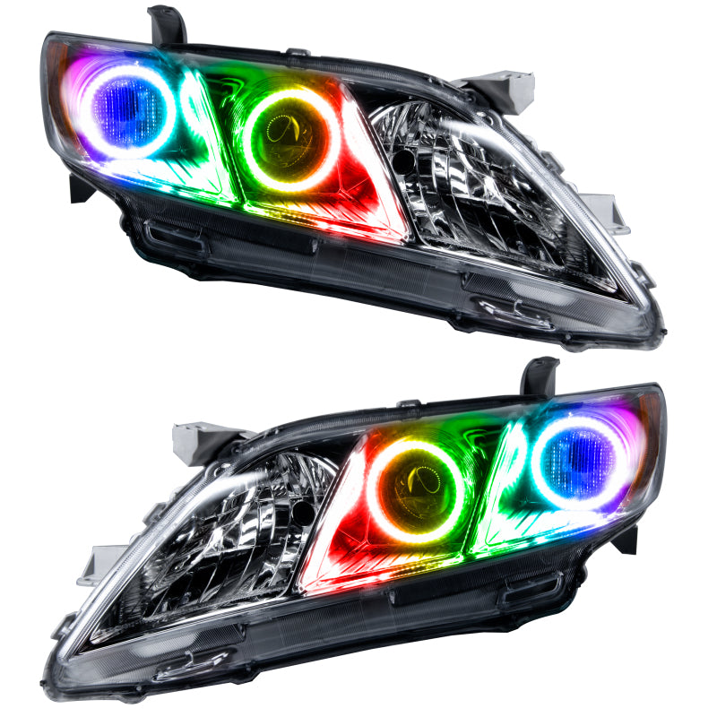 Oracle 07-09 Toyota Camry SMD headlights with ColorSHIFT feature and simple controller, showcasing chrome and black housing options.