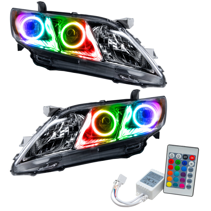 Oracle 07-09 Toyota Camry SMD headlights with ColorSHIFT feature and simple controller, showcasing chrome and black housing options.