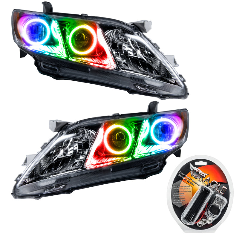 Oracle 07-09 Toyota Camry SMD headlights with ColorSHIFT halos in Chrome and Black housing, showcasing modern automotive lighting design.