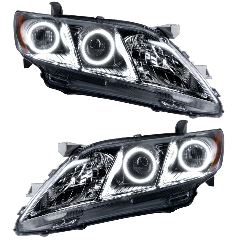 Oracle 07-09 Toyota Camry SMD HL headlights with white halo rings, showcasing chrome and black housing options.