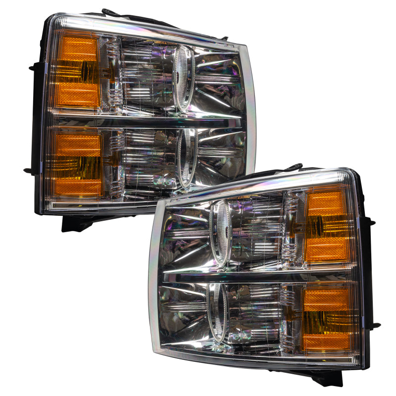 Oracle 07-13 Chevrolet Silverado SMD Headlights with ColorSHIFT technology, featuring pre-assembled halo rings in Chrome and Black housing options.