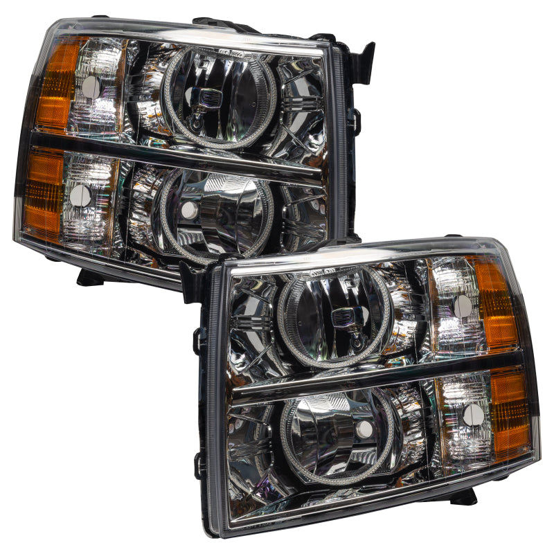 Oracle 07-13 Chevrolet Silverado SMD Headlights with ColorSHIFT technology, featuring pre-assembled halo rings in Chrome and Black housing options.