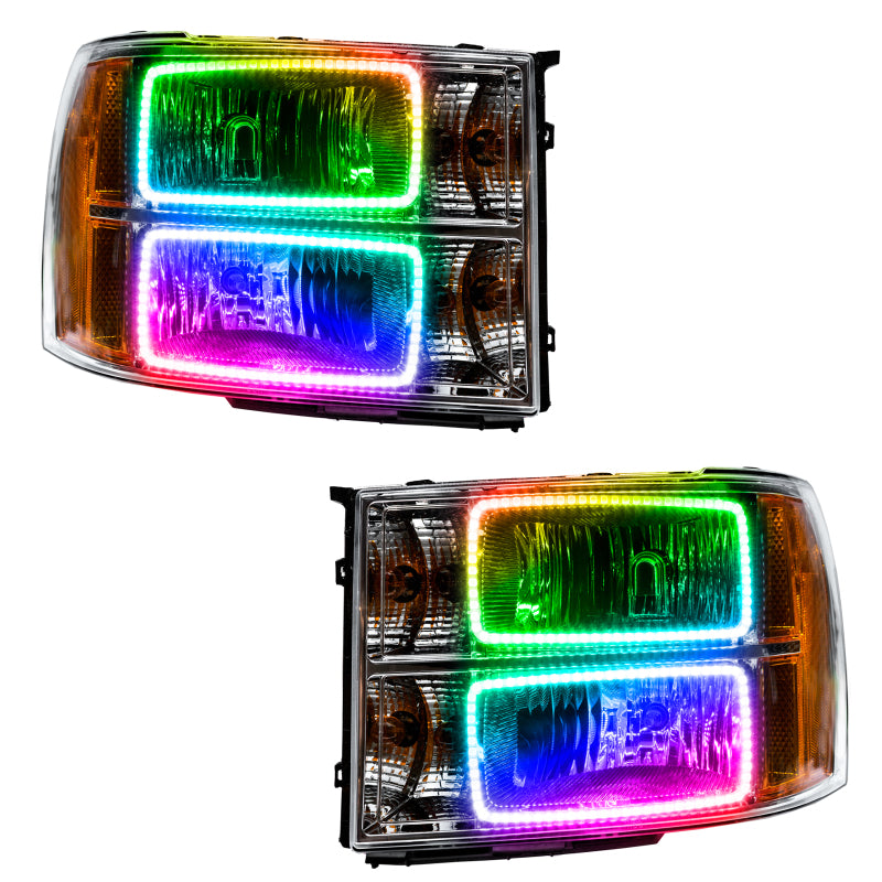 Oracle 07-13 GMC Sierra SMD headlights with ColorSHIFT halo rings in Chrome and Black housing options.