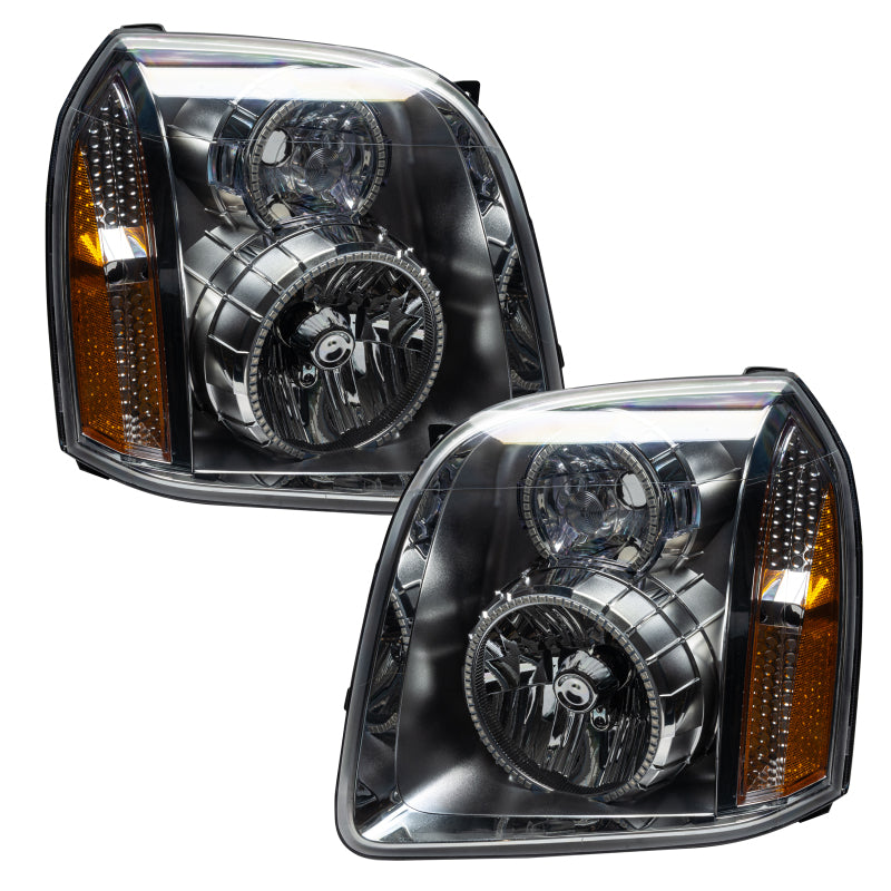 Oracle 07-13 GMC Yukon SMD headlights with ColorSHIFT halo rings and 2.0 controller, showcasing Chrome and Black housing options.