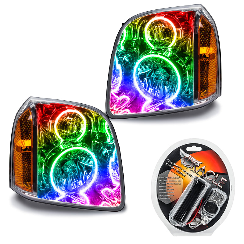 Oracle 07-13 GMC Yukon SMD HL - ColorSHIFT headlights with pre-installed halo rings in Chrome and Black housing options.