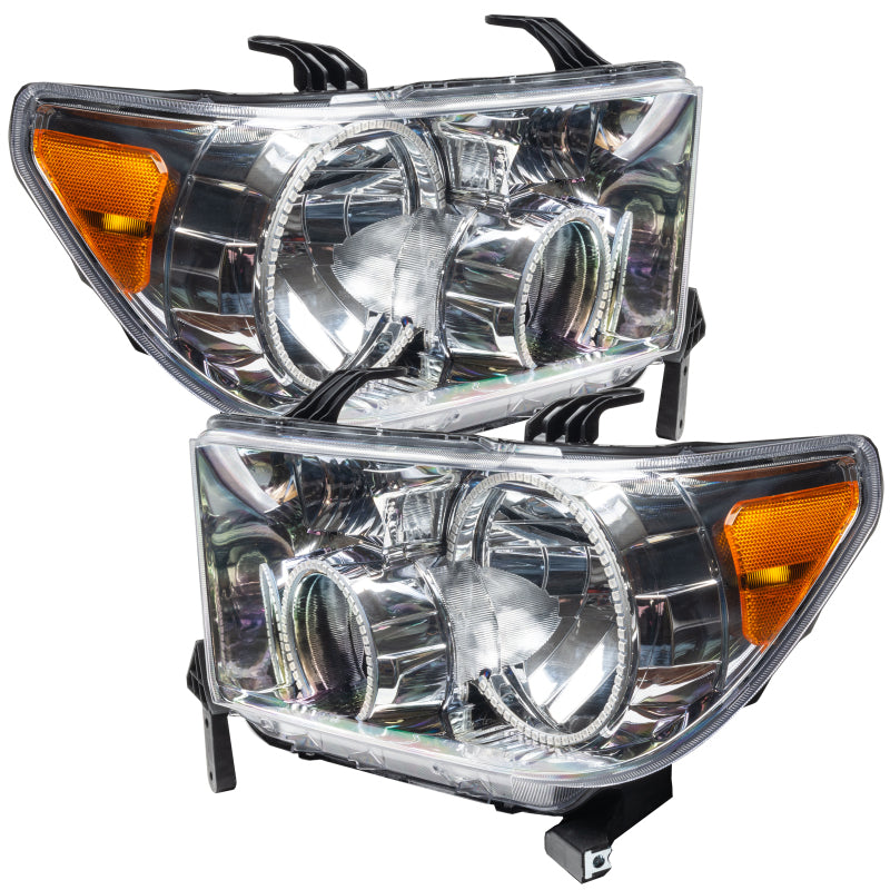 Oracle 07-13 Toyota Tundra SMD headlights with pre-installed halo rings in Chrome and Black housing options.