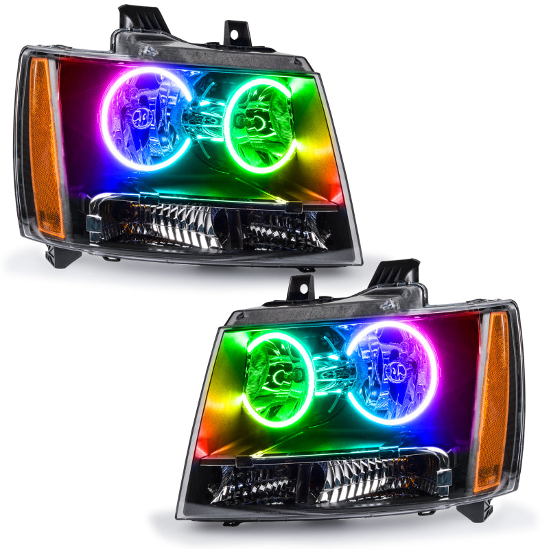 Oracle 07-14 Chevrolet Suburban SMD headlights with ColorSHIFT halo rings and 2.0 controller, showcasing Chrome and Black housing options.