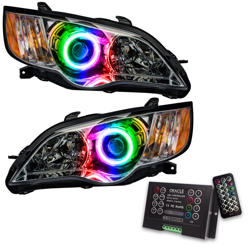 Oracle 08-09 Subaru Legacy Sedan SMD headlights with ColorSHIFT technology and 2.0 controller, showcasing Chrome and Black housing options.