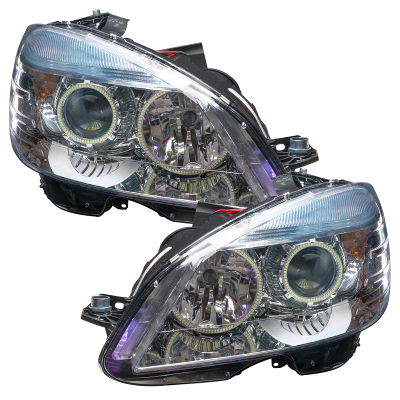 ORACLE Pre-Assembled Headlights for 2008-2011 Mercedes-Benz C-Class with chrome housing and halo rings installed.