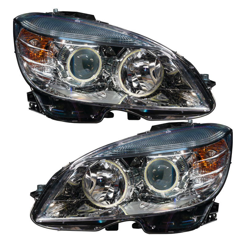 ORACLE Pre-Assembled Headlights for 2008-2011 Mercedes-Benz C-Class with chrome housing and halo rings installed.