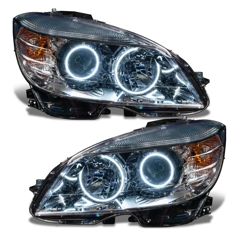 ORACLE pre-assembled headlights for 2008-2011 Mercedes Benz C-Class with chrome housing and halo rings installed.