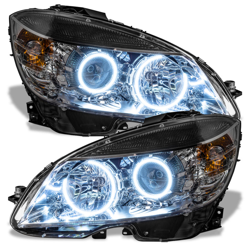 ORACLE pre-assembled headlights for 2008-2011 Mercedes Benz C-Class with chrome housing and halo rings installed.