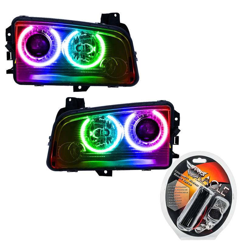 Oracle 08-10 Dodge Charger SMD Halo headlights with ColorSHIFT technology, featuring Chrome and Black housing options.