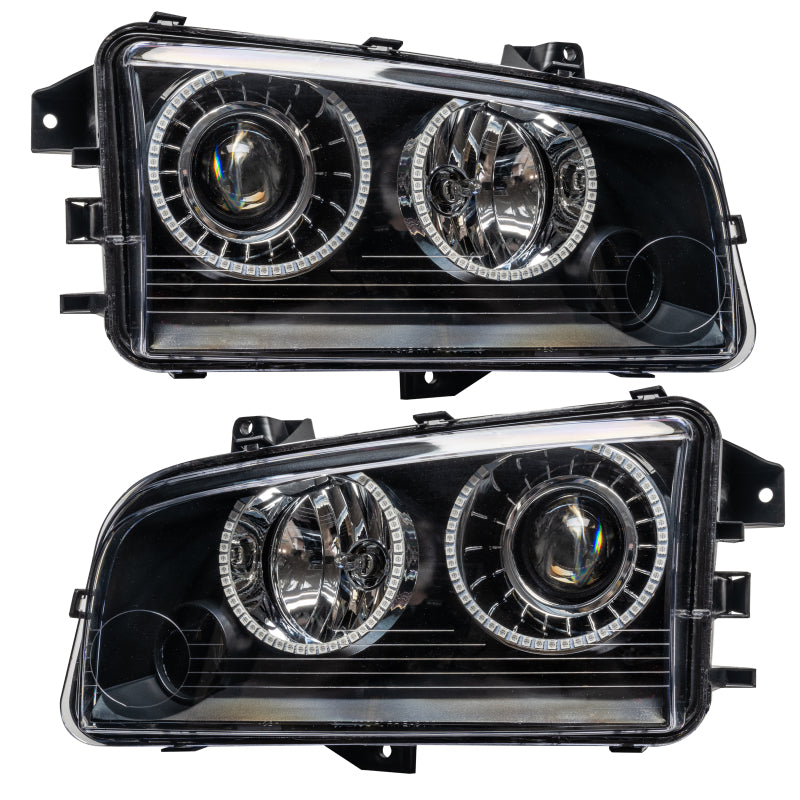 Oracle 08-10 Dodge Charger SMD Halo headlights with ColorSHIFT technology, featuring Chrome and Black housing options.