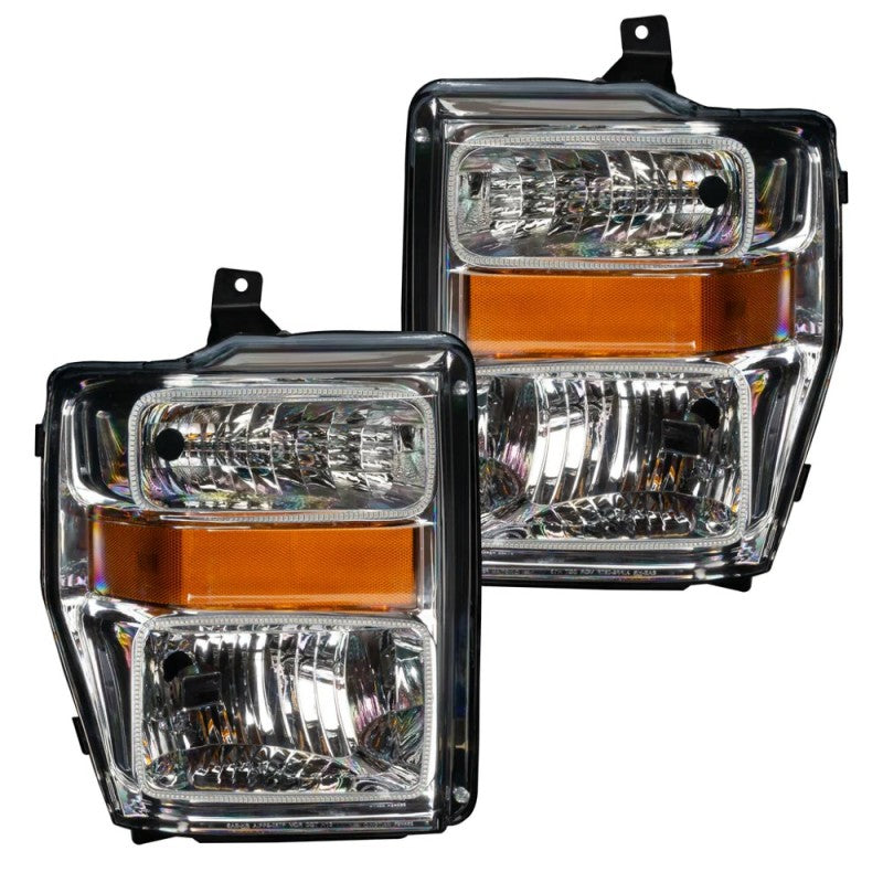 Oracle Pre-Assembled Halo Headlights for 2008-2010 Ford F250 with chrome housing and ColorSHIFT technology.