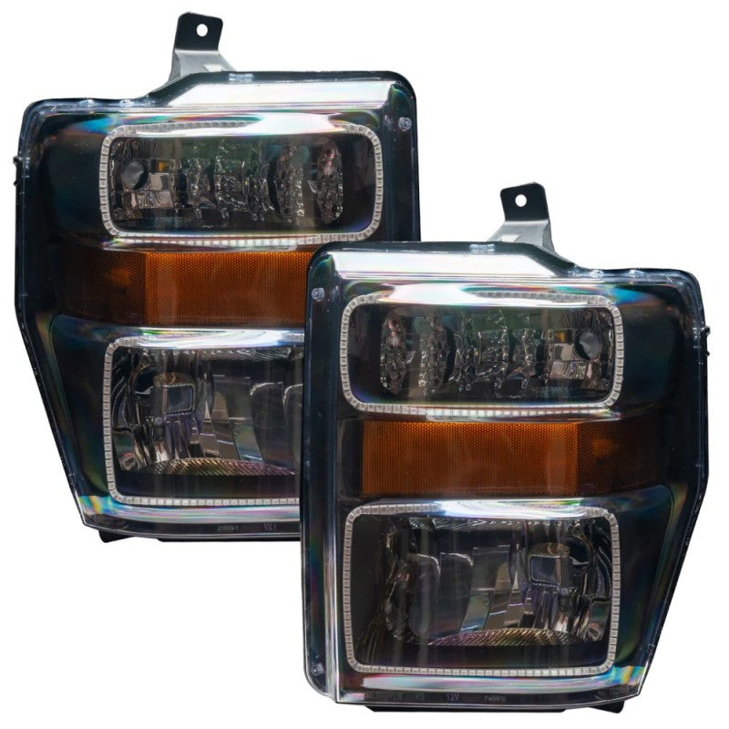 Oracle LED headlights for 2008-2010 Ford F250/350 in black housing with ColorSHIFT technology and BC1 controller.