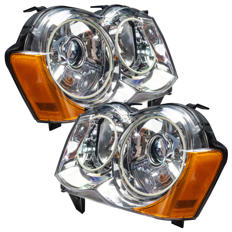 Oracle 08-10 Jeep Grand Cherokee SMD HL - HID headlights with white halo rings, showcasing Chrome and Black housing options.