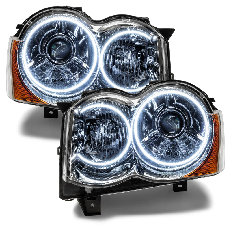 Oracle 08-10 Jeep Grand Cherokee SMD HL - HID headlights with white halo rings, showcasing Chrome and Black housing options.