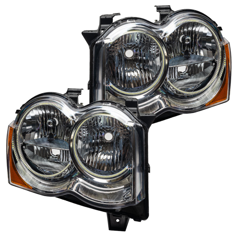 Oracle 08-10 Jeep Grand Cherokee SMD headlights with ColorSHIFT halos, showcasing Chrome and Black housing options.