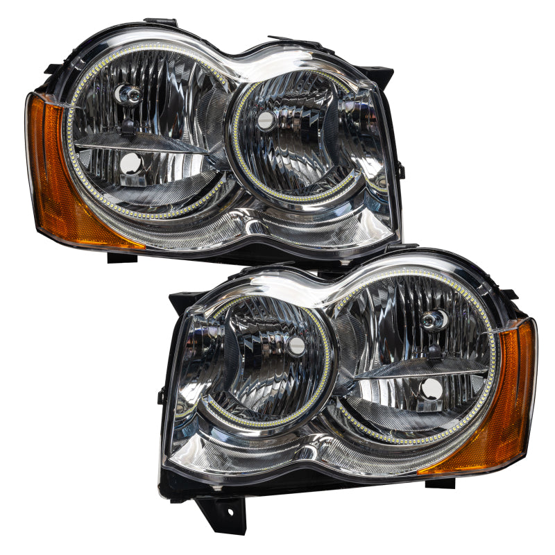 Oracle 08-10 Jeep Grand Cherokee SMD headlights with ColorSHIFT halos, showcasing Chrome and Black housing options.