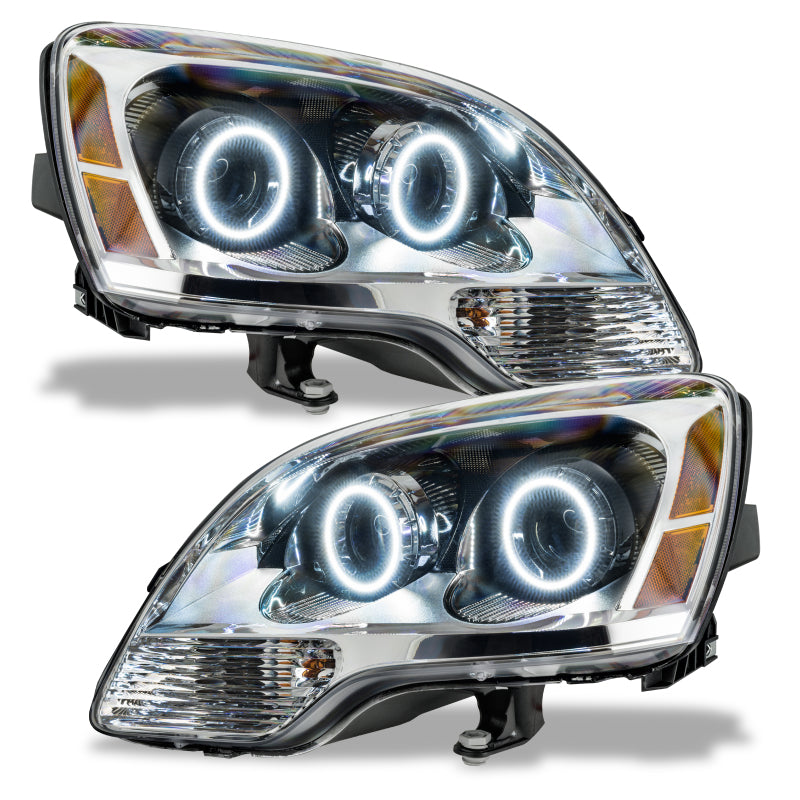 Oracle 08-12 GMC Acadia SMD Halogen headlights with white halo rings, showcasing chrome and black housing options.