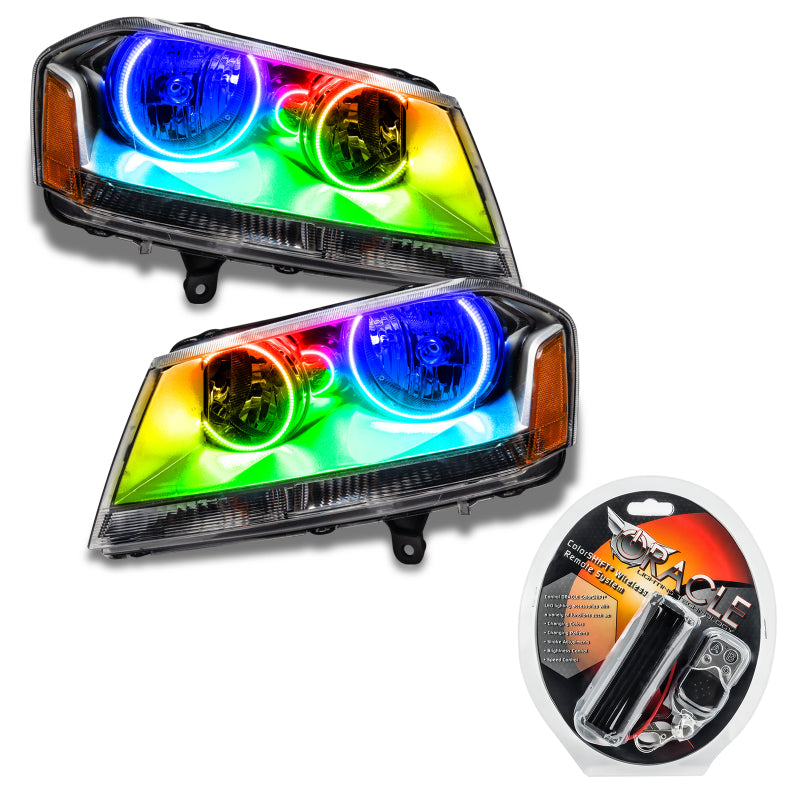 Oracle 08-14 Dodge Avenger SE/SXT SMD headlights with ColorSHIFT technology, showcasing Chrome and Black housing options.