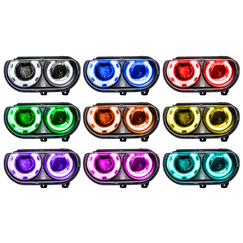 Oracle 08-14 Dodge Challenger SMD headlights with ColorSHIFT technology, showcasing Chrome and Black housing options.