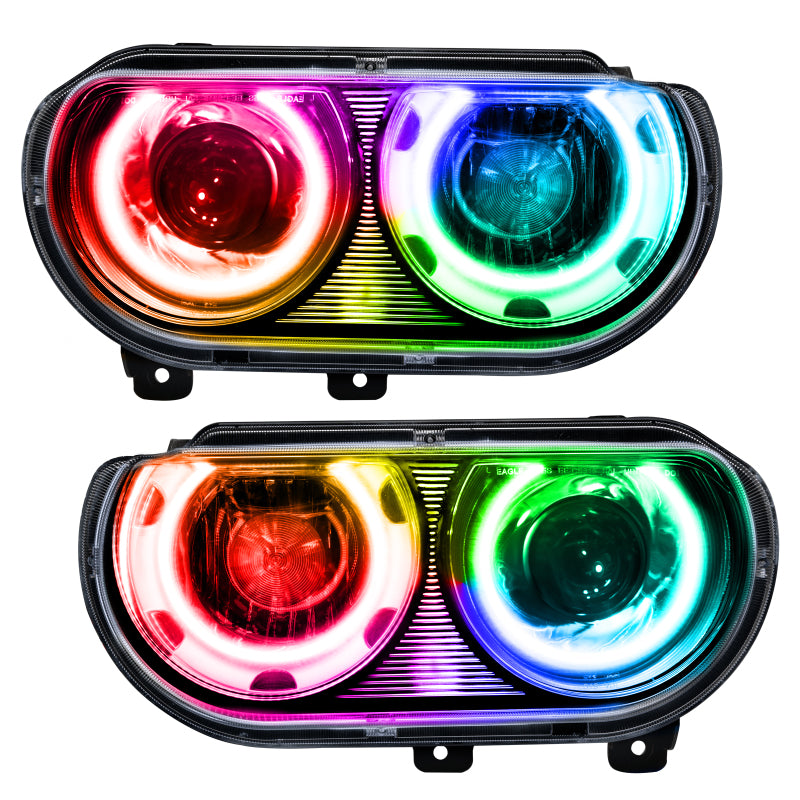 Oracle 08-14 Dodge Challenger SMD headlights with ColorSHIFT technology, showcasing Chrome and Black housing options.