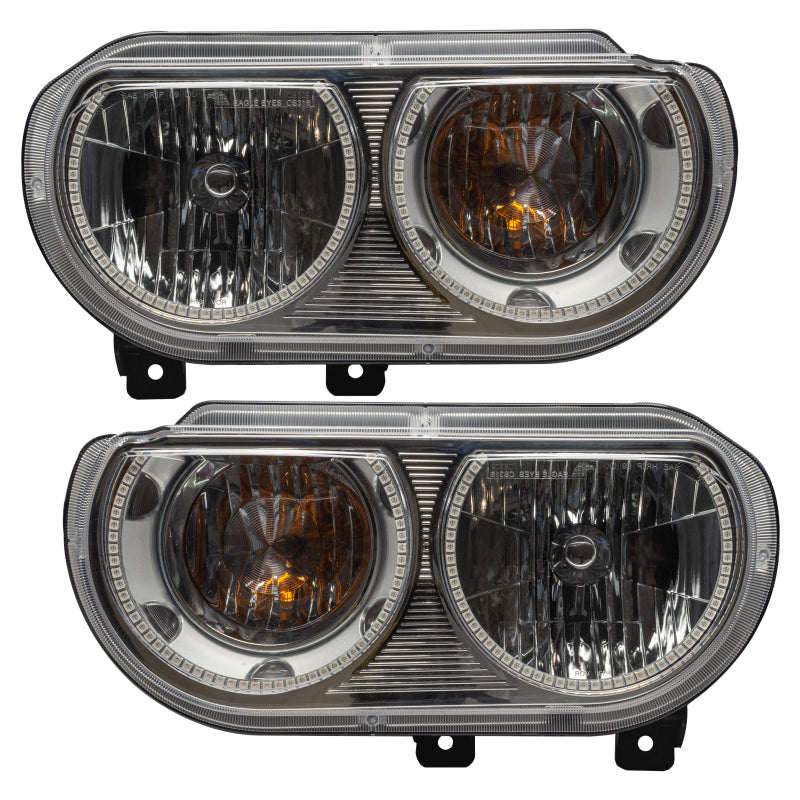 Oracle 08-14 Dodge Challenger SMD headlights with ColorSHIFT technology, featuring pre-installed halo rings in Chrome and Black housing options.