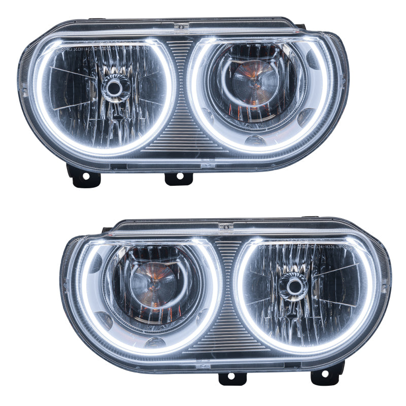 Oracle 08-14 Dodge Challenger SMD headlights with white halo rings, showcasing Chrome and Black housing options.