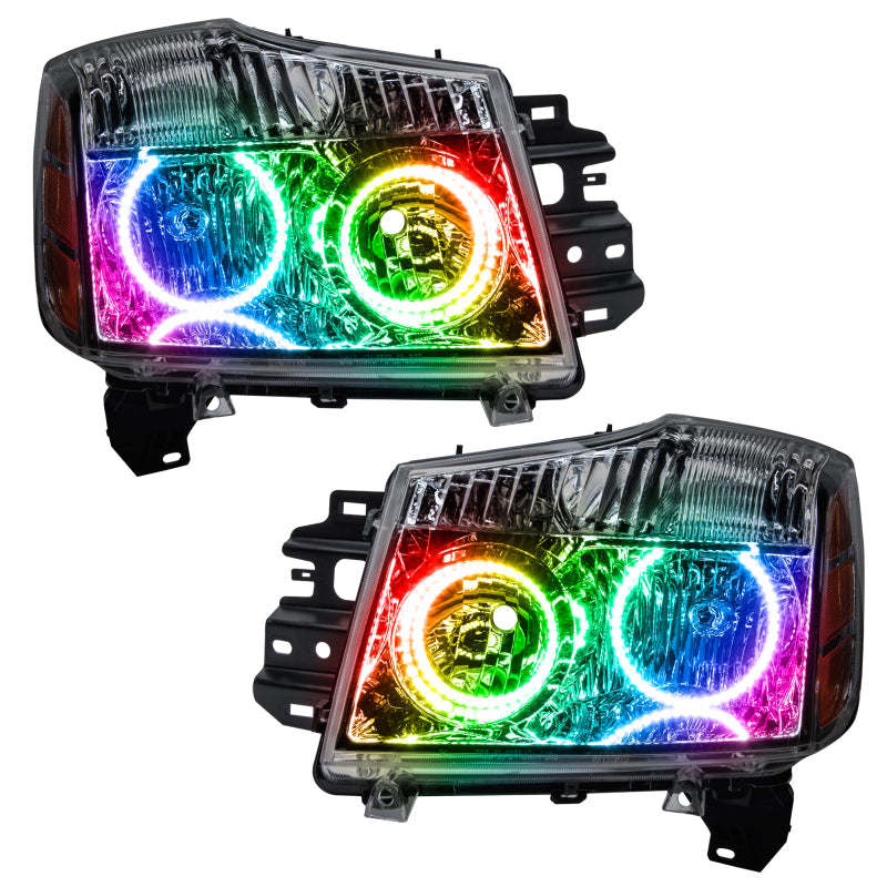 Oracle 08-15 Nissan Armada SMD HL headlights with ColorSHIFT technology, featuring pre-installed halo rings in Chrome and Black housing options.