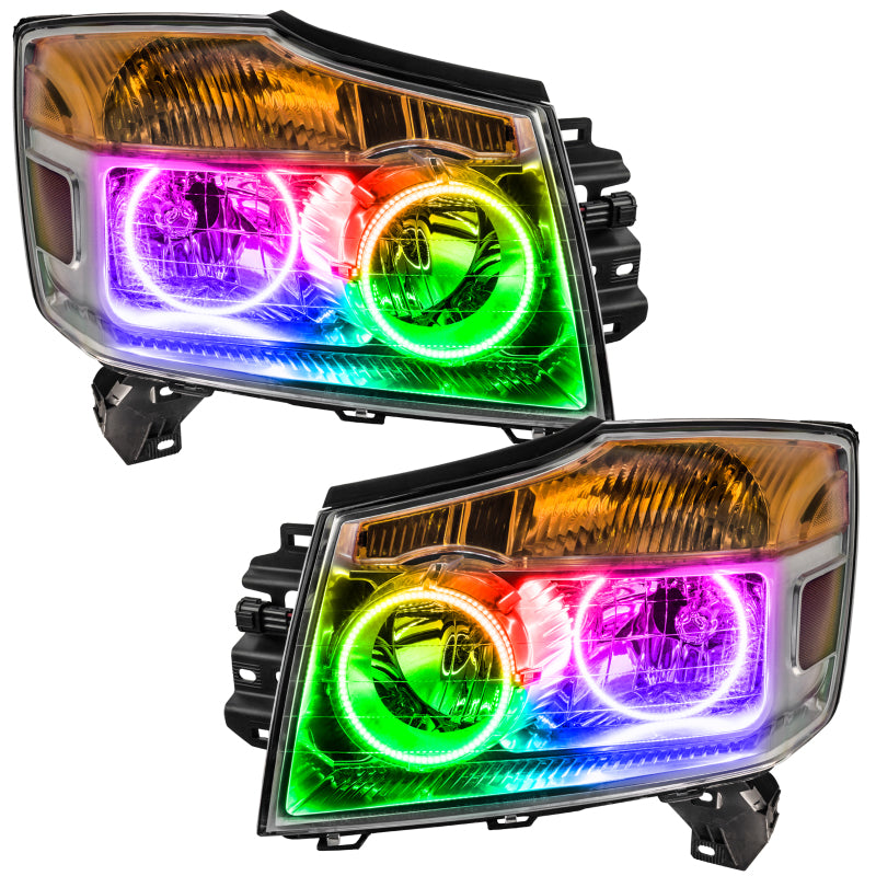 Oracle 08-15 Nissan Armada SMD HL headlights with ColorSHIFT technology, featuring pre-installed halo rings in Chrome and Black housing options.