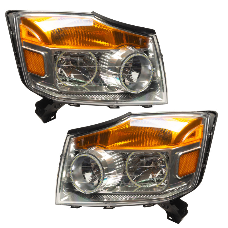 Oracle 08-15 Nissan Armada SMD HL headlights with ColorSHIFT technology, featuring pre-installed halo rings in Chrome and Black housing options.