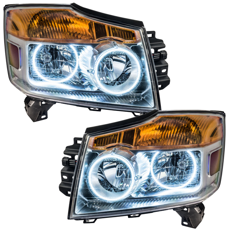 Oracle 08-15 Nissan Armada SMD HL headlights with white halo rings, showcasing chrome and black housing options.