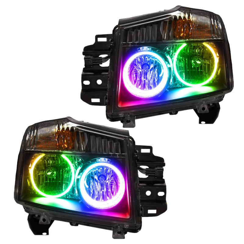 Oracle 08-15 Nissan Titan SMD headlights with ColorSHIFT and 2.0 controller, showcasing Chrome and Black housing options.