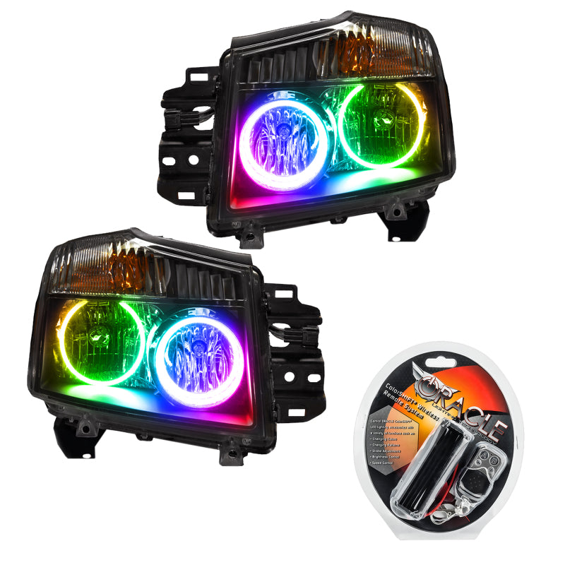 Oracle 08-15 Nissan Titan SMD HL ColorSHIFT headlights with halo rings installed, showcasing Chrome and Black housing options.