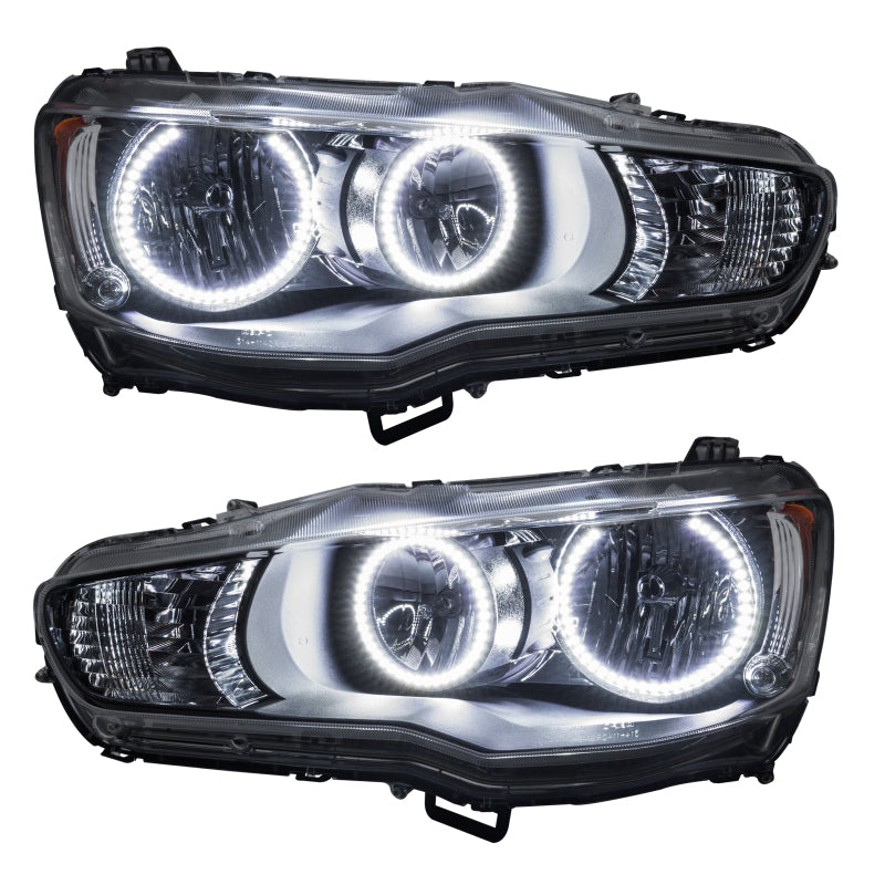 Oracle 08-17 Mitsubishi Lancer SMD HL headlights with white halo rings, showcasing chrome and black housing options.