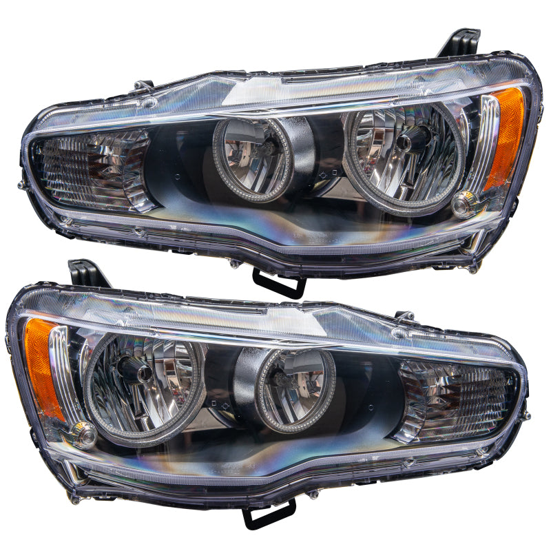 Oracle 08-17 Mitsubishi Lancer SMD HL headlights with white halo rings, showcasing chrome and black housing options.