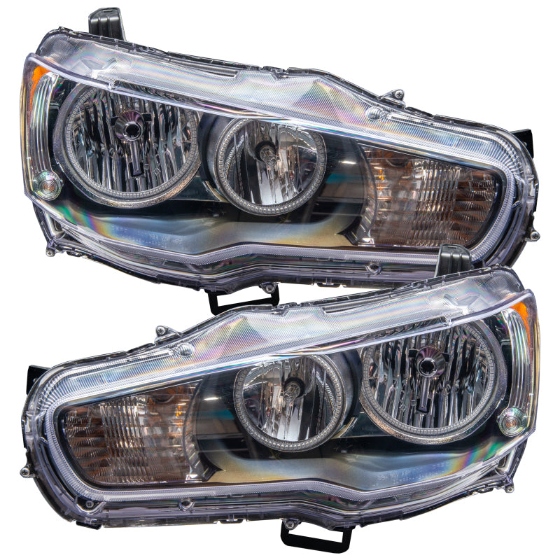 Oracle 08-17 Mitsubishi Lancer SMD HL headlights with white halo rings, showcasing chrome and black housing options.