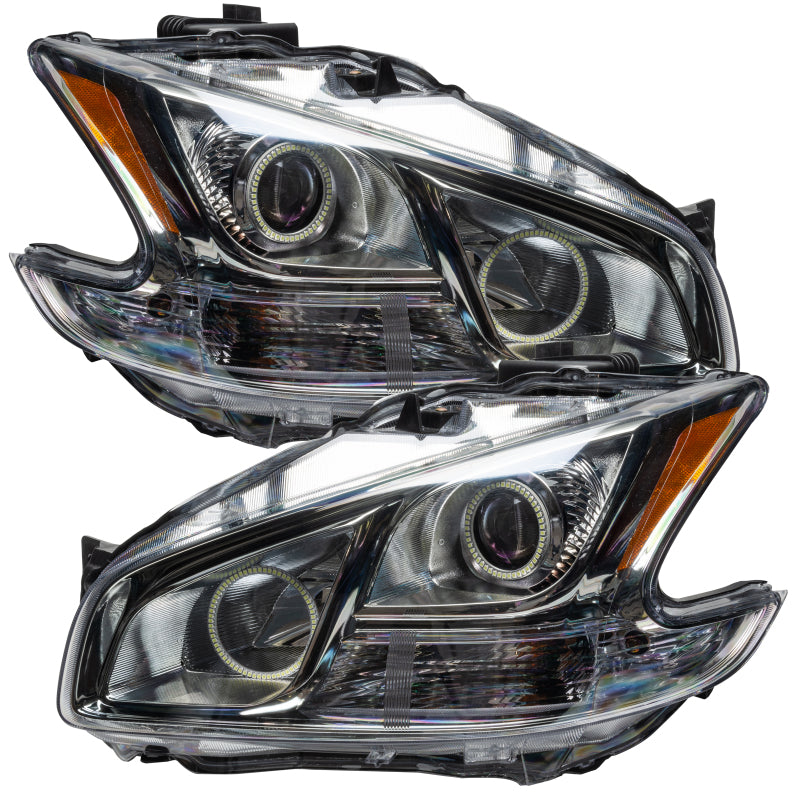 Oracle 09-13 Nissan Maxima SMD headlights with ColorSHIFT technology, featuring chrome housing and installed halo rings.