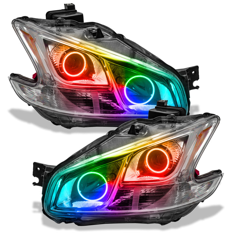 Oracle 09-13 Nissan Maxima SMD headlights with ColorSHIFT technology, featuring chrome housing and installed halo rings.