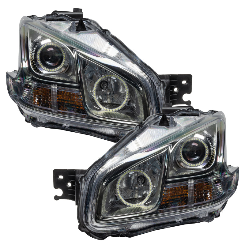 Oracle 09-13 Nissan Maxima SMD headlights with chrome housing and pre-installed halo rings, showcasing modern automotive lighting design.