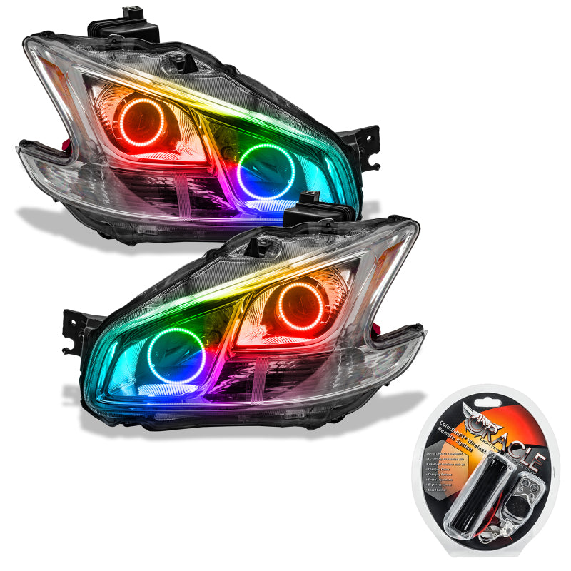 Oracle 09-13 Nissan Maxima SMD headlights with ColorSHIFT halos in chrome housing, showcasing modern design and enhanced lighting.