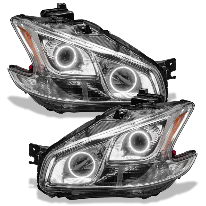 Oracle 09-13 Nissan Maxima SMD headlights with chrome housing and white halo rings, showcasing a modern design for enhanced visibility.