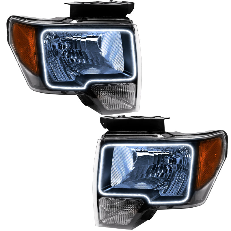 Oracle 09-14 Ford F-150 LED headlights with white halo rings, showcasing chrome and black housing options.