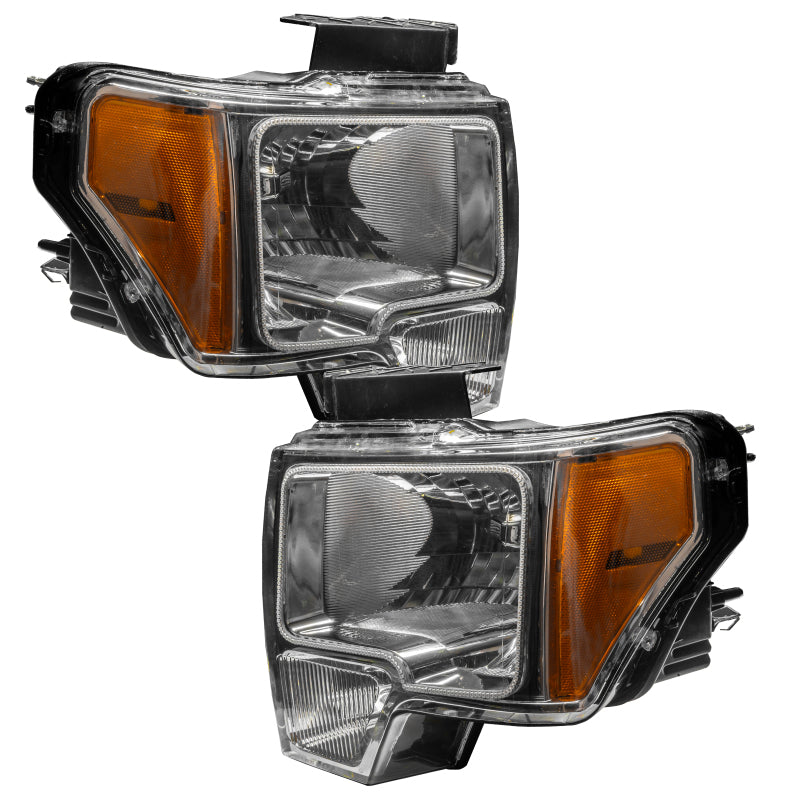 Oracle 09-14 Ford F-150 LED headlights with white halo rings, showcasing chrome and black housing options.